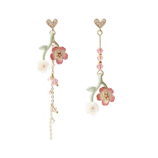 Picture of Delicate Pink Flower Asymmetrical Drop Earrings