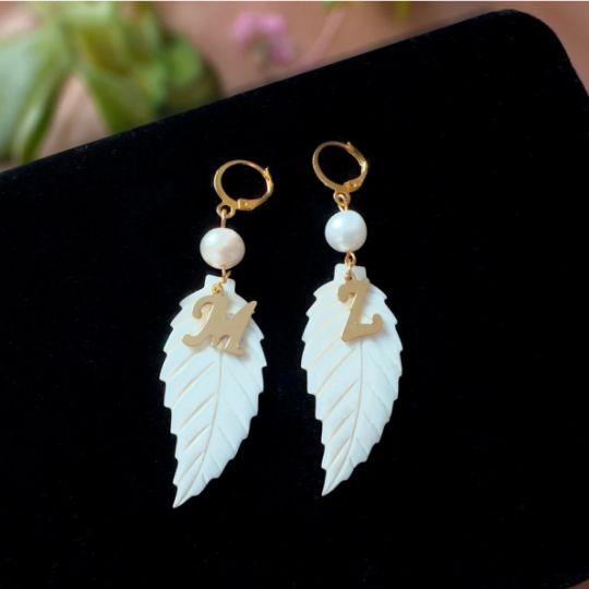 Picture of Personalized Initial Name Mother of Pearl Leaf Earrings